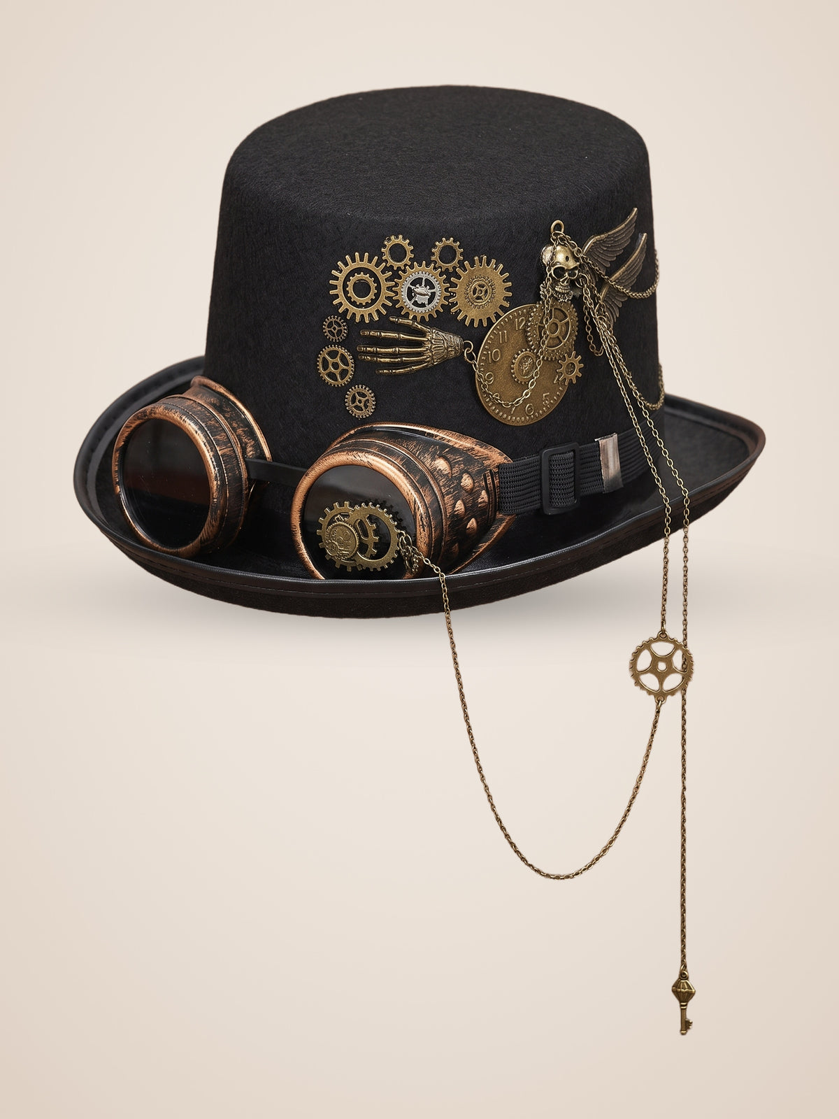 Riveted Copper Goggles Gear Top Hat in Black, product photo, front view
