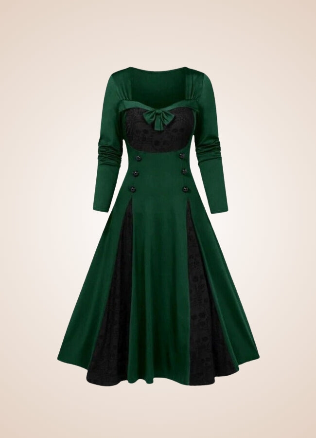 green skull dress Spooky Skull- Moss Green print long sleeve midi dress