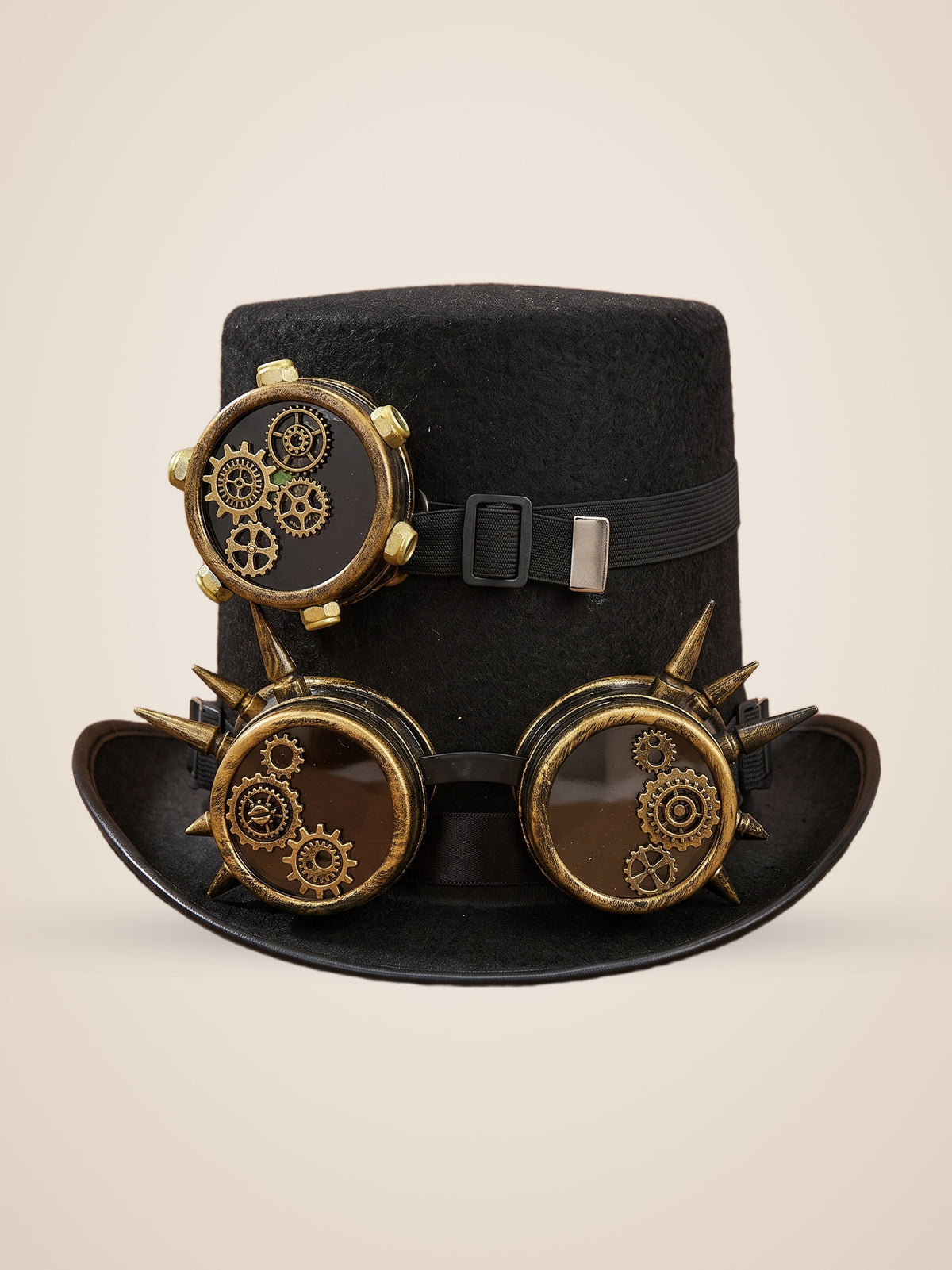 Triple Spiked Goggle Gear Flat Top Hat in Black, product photo, front view