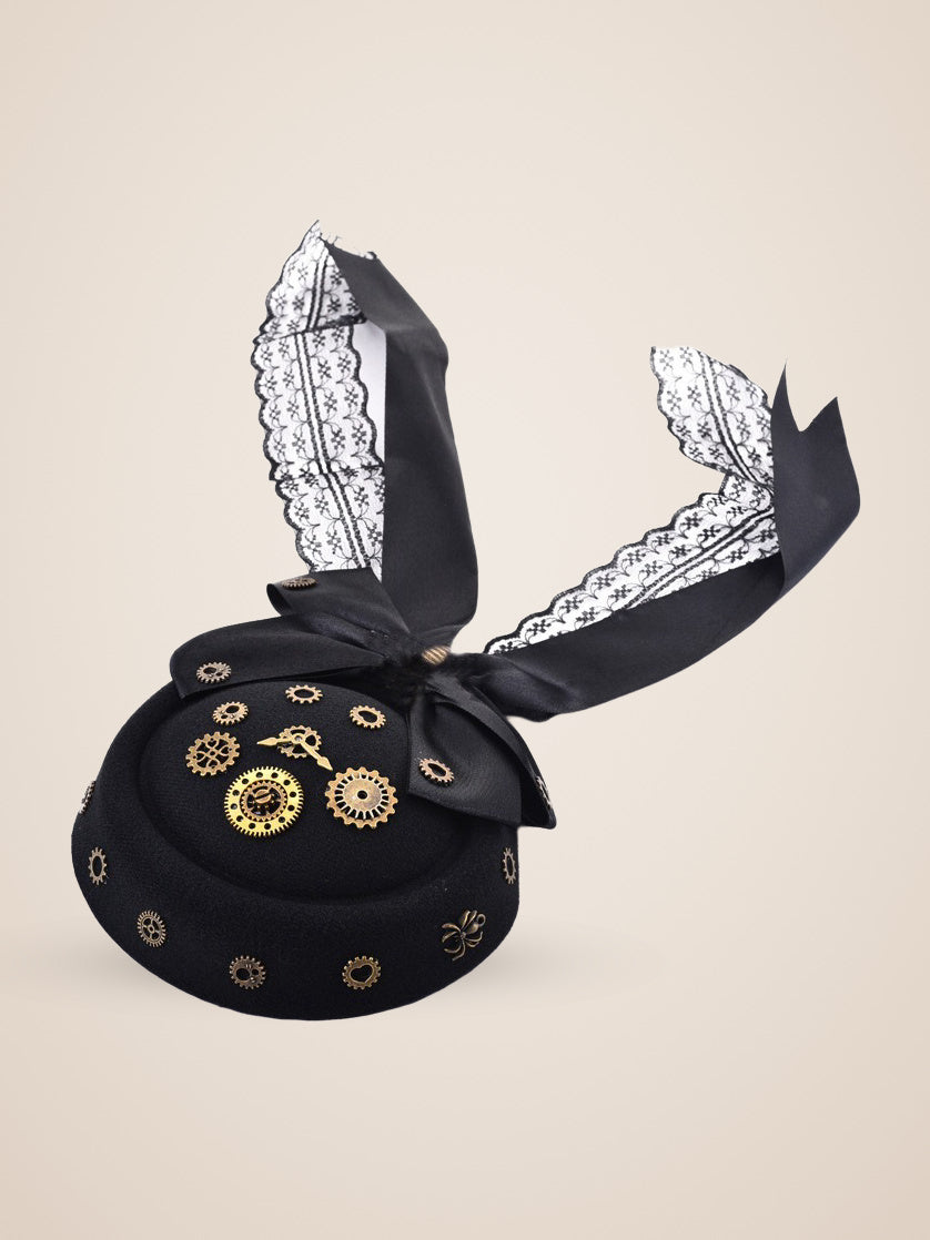 Clockwork Gear Cluster Bow Mini Top Hat in Black, product photo, back view