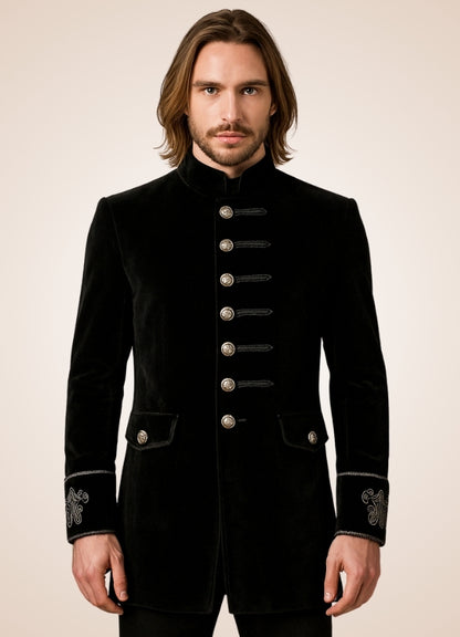 Flannel Steampunk Coat model standing front view