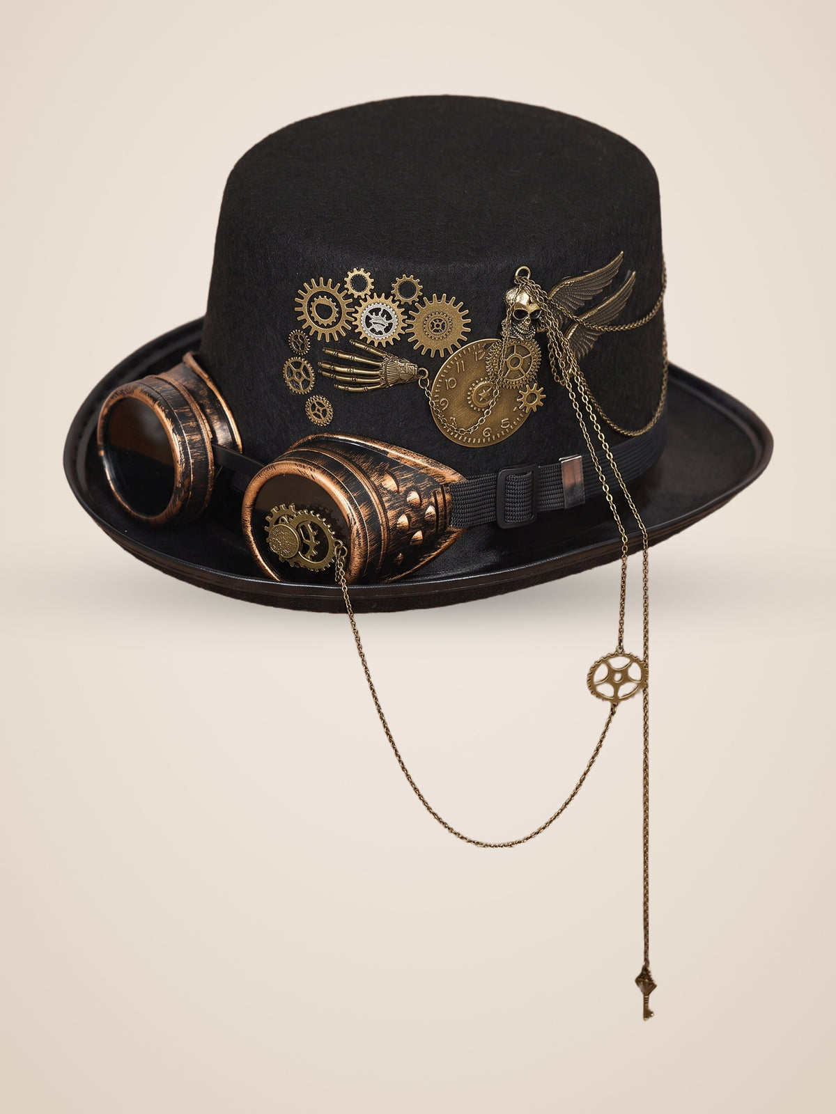 Riveted Copper Goggles Gear Top Hat in Black, product photo, three quarter view, front left, seen from above