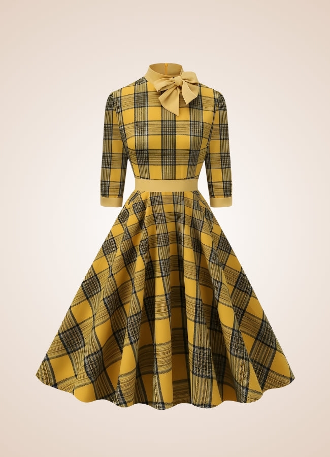 Bowknot Plaid Steampunk Dress Yellow / XL bowknot-plaid-steampunk-dress-yellow