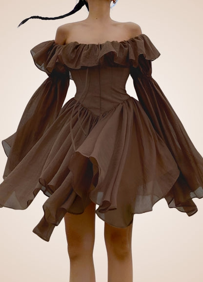 Brown Overbust Steampunk Corset Dress, Brown / M