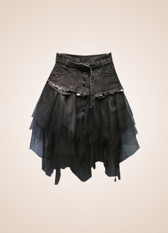 Denim And Tulle Steampunk Skirt Black / XL denim-and-tulle-steampunk-skirt-black