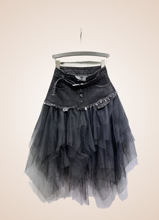 Denim And Tulle Steampunk Skirt Black / XL denim-and-tulle-steampunk-skirt-black