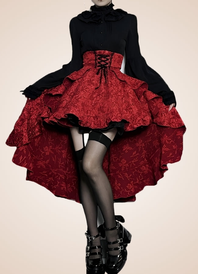 Double Layer Pleated Steampunk Skirt Red / M double-layer-pleated-steampunk-skirt-red