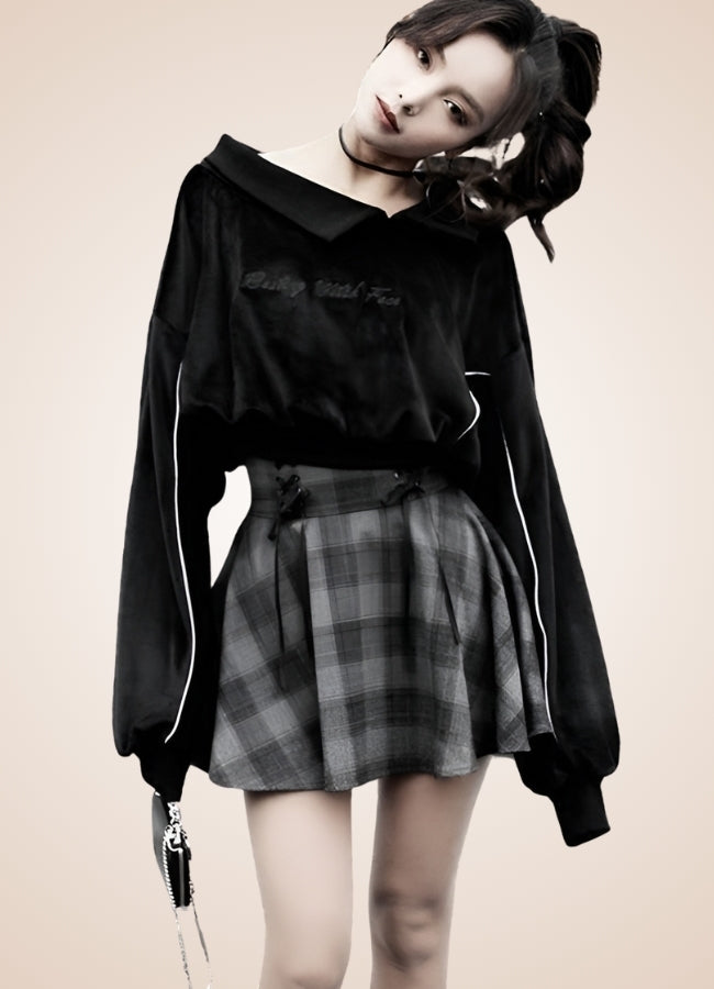 Grey Plaid Steampunk Mini Skirt Grey / L grey-plaid-steampunk-mini-skirt-grey