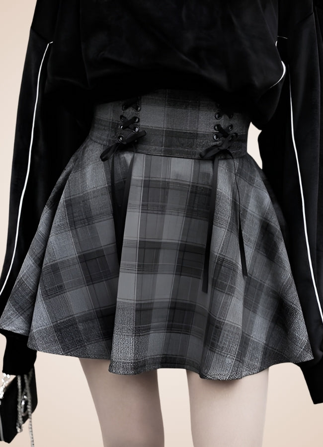 Grey Plaid Steampunk Mini Skirt Grey / L grey-plaid-steampunk-mini-skirt-grey