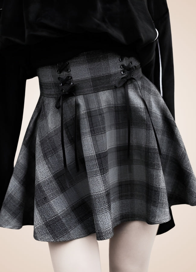 Grey Plaid Steampunk Mini Skirt Grey / L grey-plaid-steampunk-mini-skirt-grey