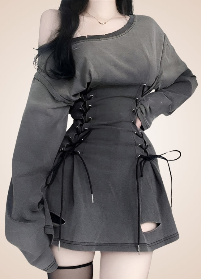 gothic grunge dress Black Plaid Street Fashion Gothic Grunge Fake Two-Piece Hooded Casual Dress