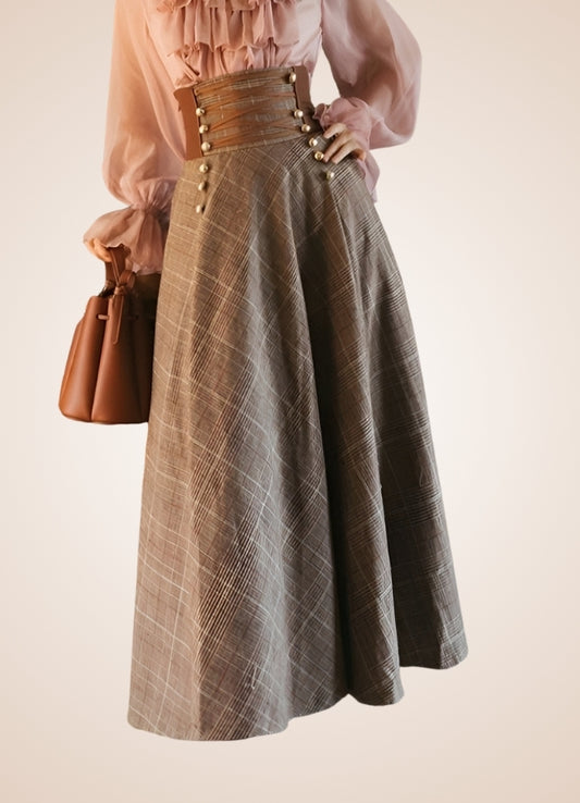 Plaid Long Steampunk Skirt Coffee / L plaid-long-steampunk-skirt-coffee