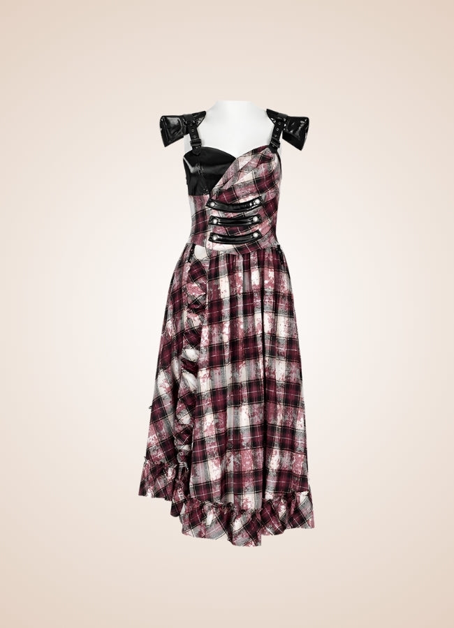 Plaid Retro Steampunk Dress Red White / L plaid-retro-steampunk-dress-red-white