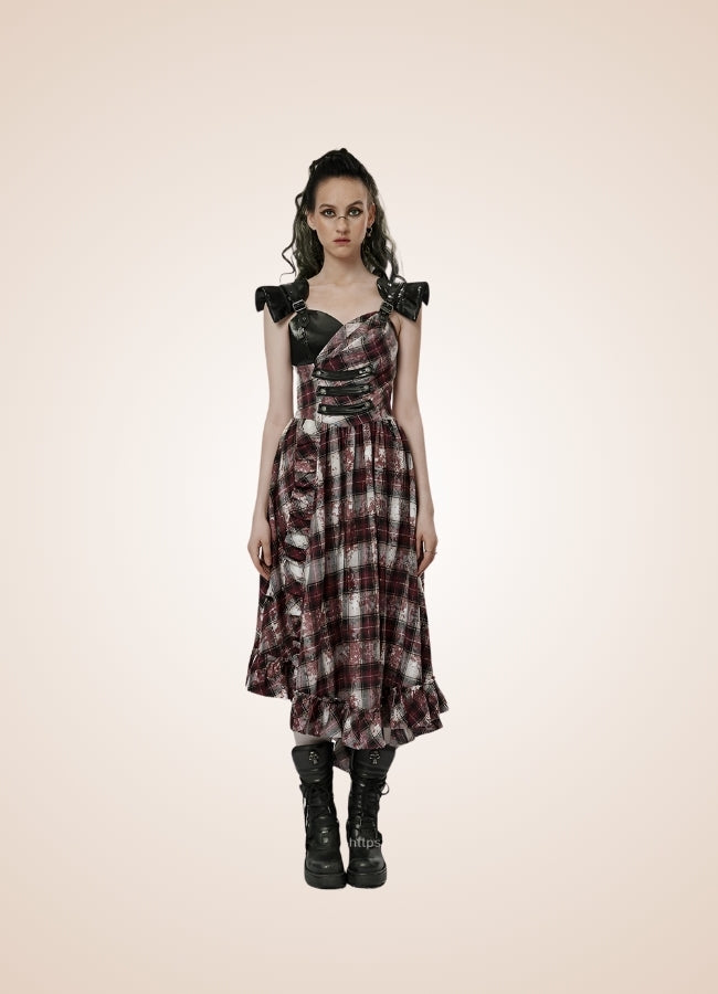 Plaid Retro Steampunk Dress Red White / L plaid-retro-steampunk-dress-red-white