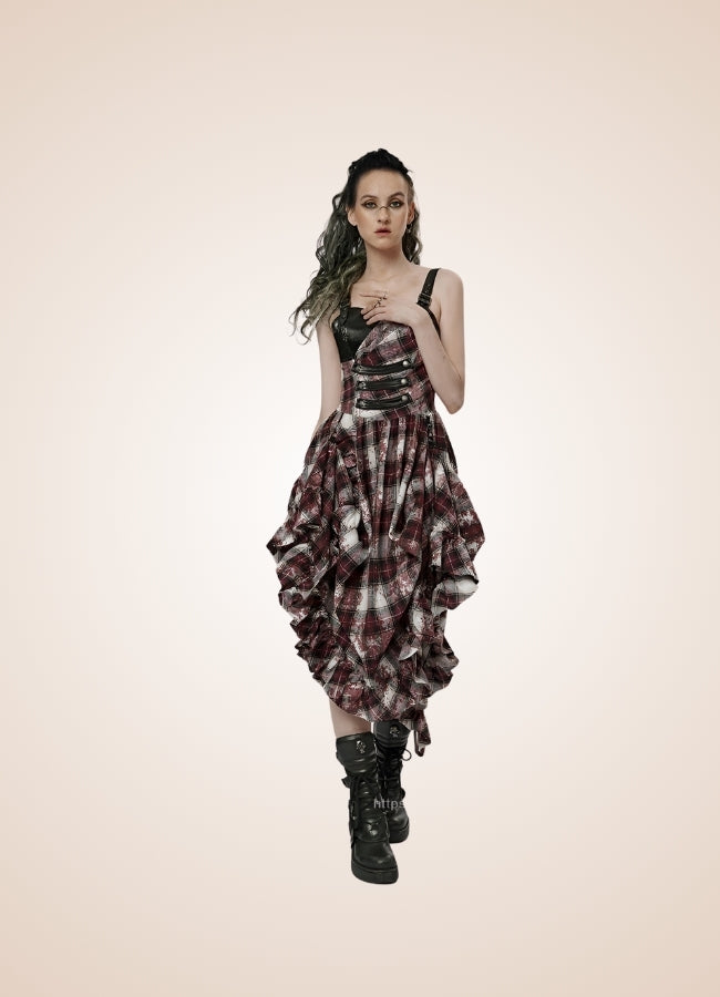 Plaid Retro Steampunk Dress Red White / L plaid-retro-steampunk-dress-red-white