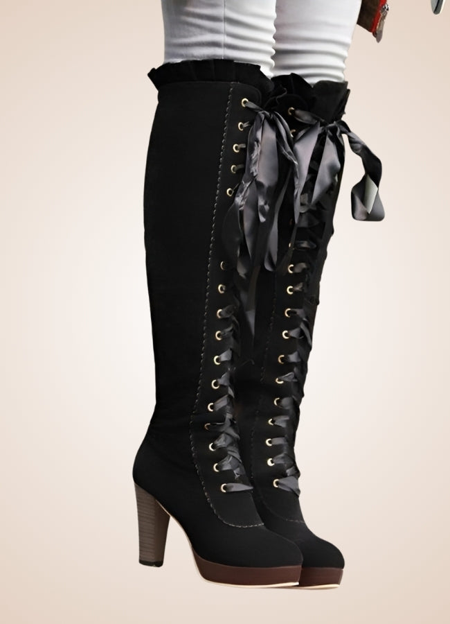 Ribbons Lace Steampunk Boots Black / 12.5 ribbons-lace-steampunk-boots-black