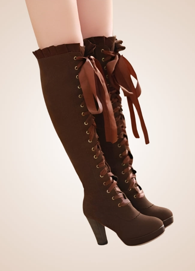 Ribbons Lace Steampunk Boots Brown / 12.5 ribbons-lace-steampunk-boots-brown