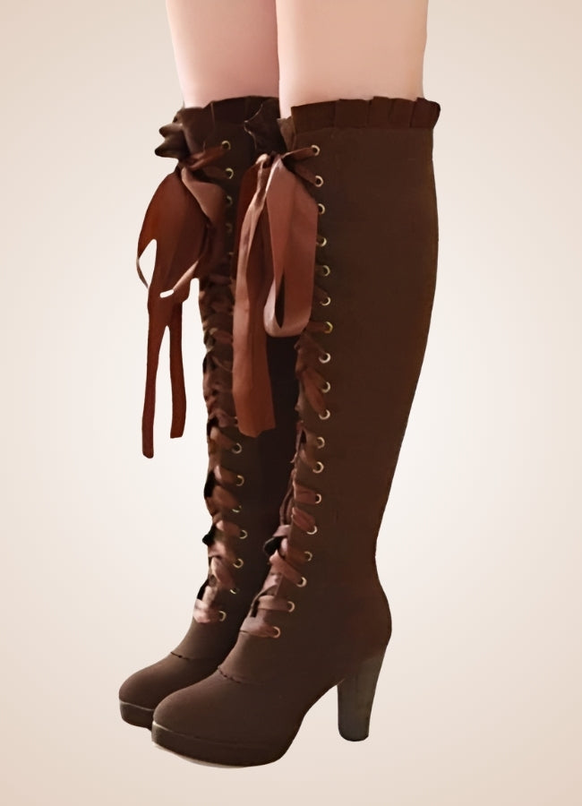 Ribbons Lace Steampunk Boots Brown / 12.5 ribbons-lace-steampunk-boots-brown