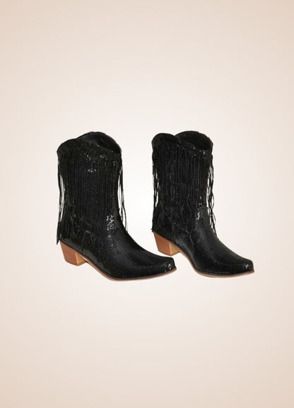 Sequin Fringe Western Cowboy Boots Black / 8.5 sequin-fringe-western-cowboy-boots-black