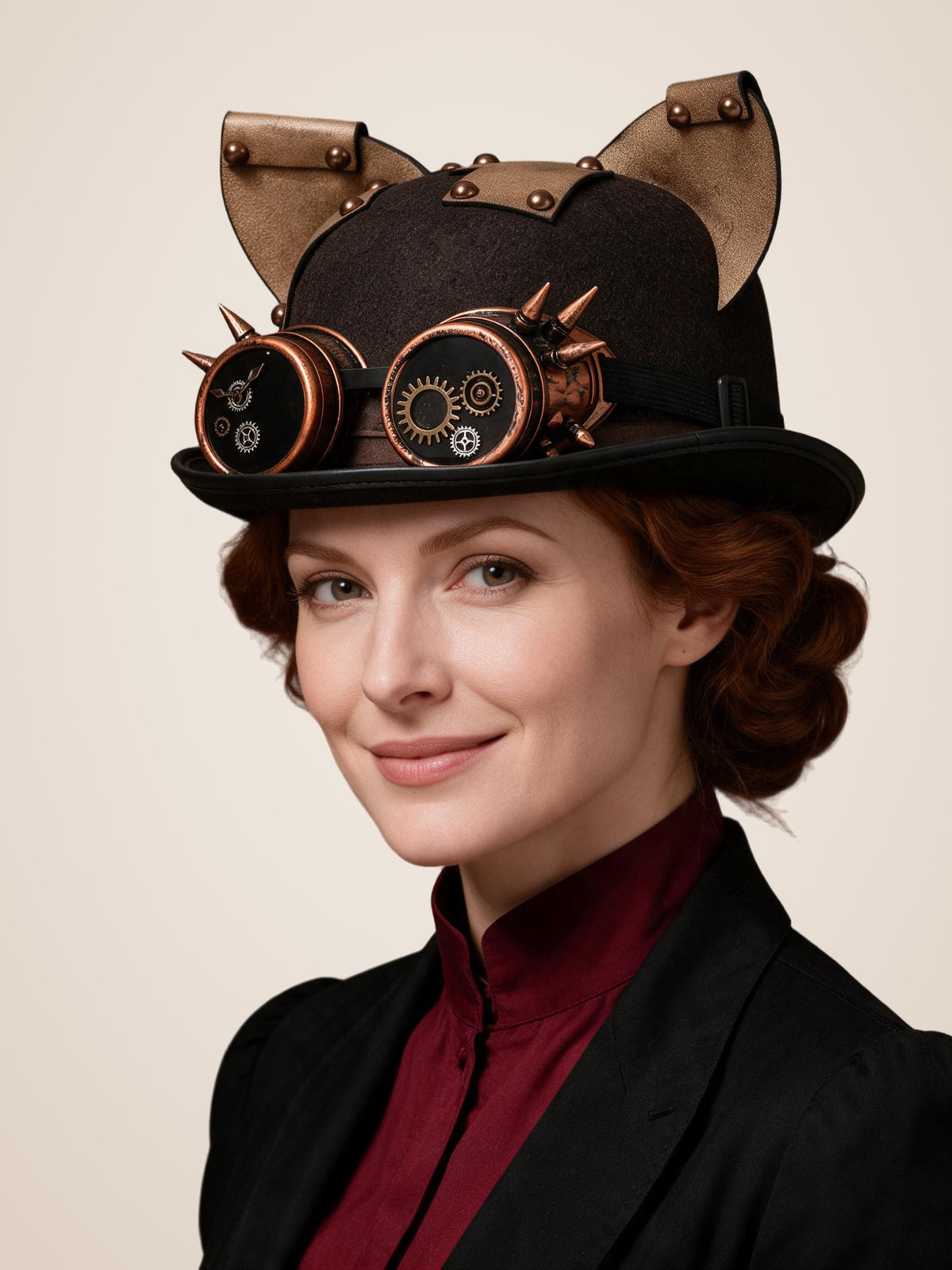 Spiked Copper Goggle Cat Ear Hat in Brown, worn by a model