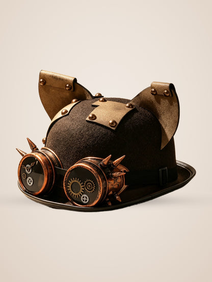 Spiked Copper Goggle Cat Ear Hat in Brown, product photo, three quarter view