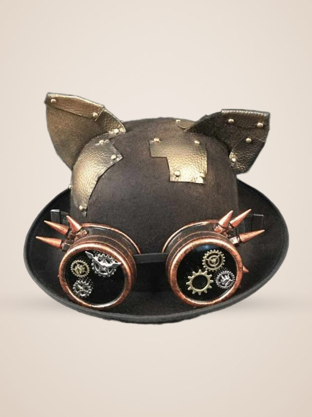Spiked Copper Goggle Cat Ear Hat in Brown, product photo, front view