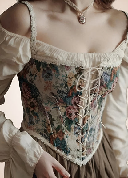 Steampunk Flower Pattern Bustier Beige Long / 2XL steampunk-flower-pattern-bustier-beige-long