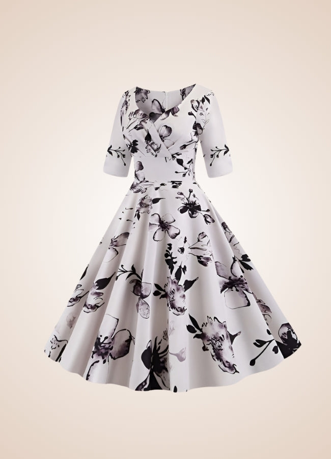 Steampunk Flower Print Dress Light Grey / XL steampunk-flower-print-dress-light-grey