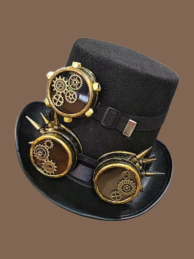 Triple Spiked Goggle Gear Flat Top Hat in Black, product photo, three quarter view, front left