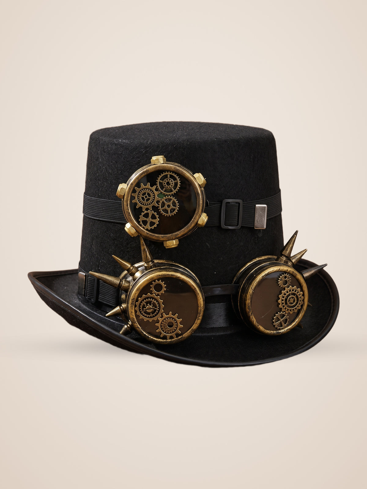 Triple Spiked Goggle Gear Flat Top Hat in Black, product photo, three quarter view, front left, seen from above, picture 5