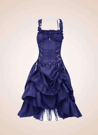 Steampunk Goth Medieval Dress, Blue / 3XL