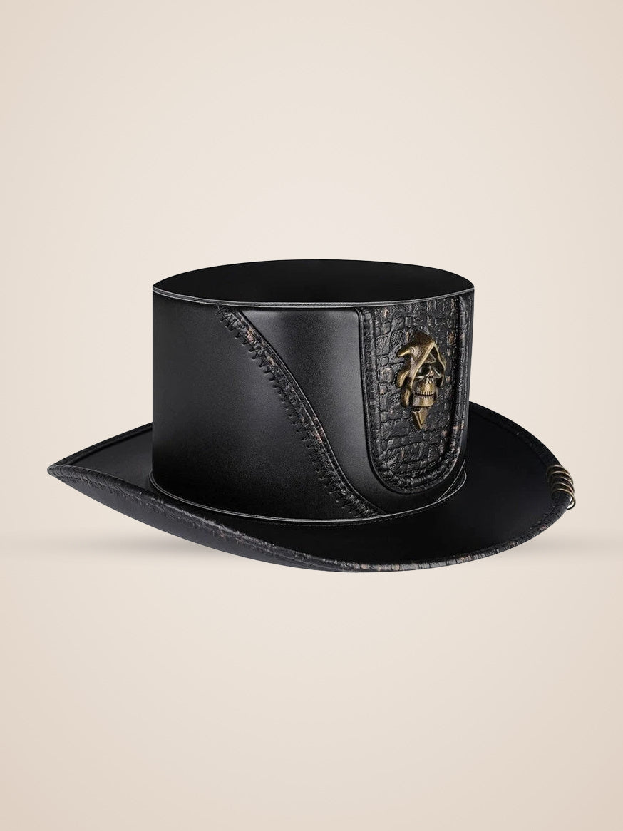 Winged Skull Medallion Croc Panel Top Hat in Black, product photo, three quarter view