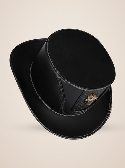 Winged Skull Medallion Croc Panel Top Hat in Black, product photo, top view