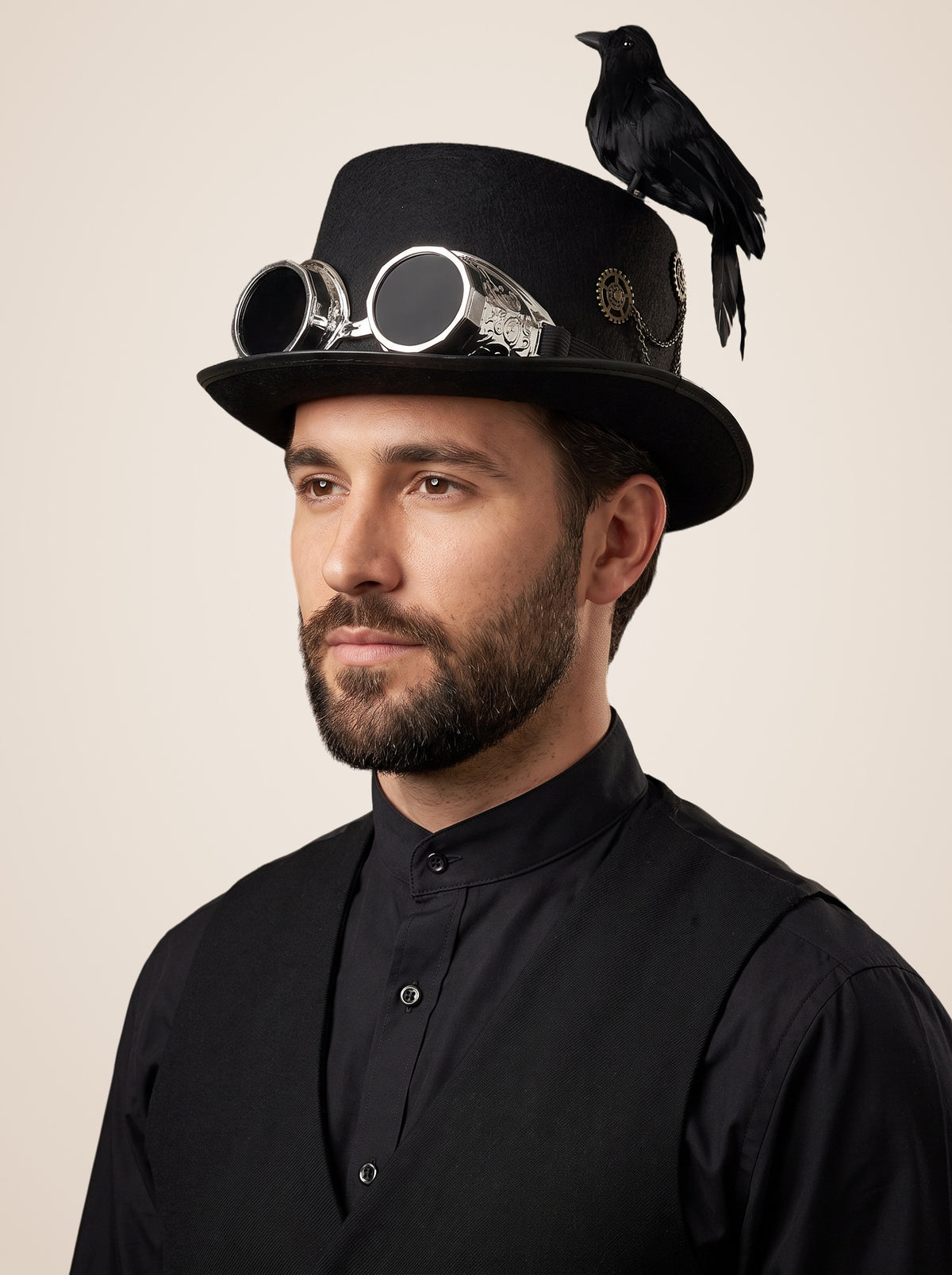 Perched Raven Silver Goggle Top Hat in Black, worn by a model