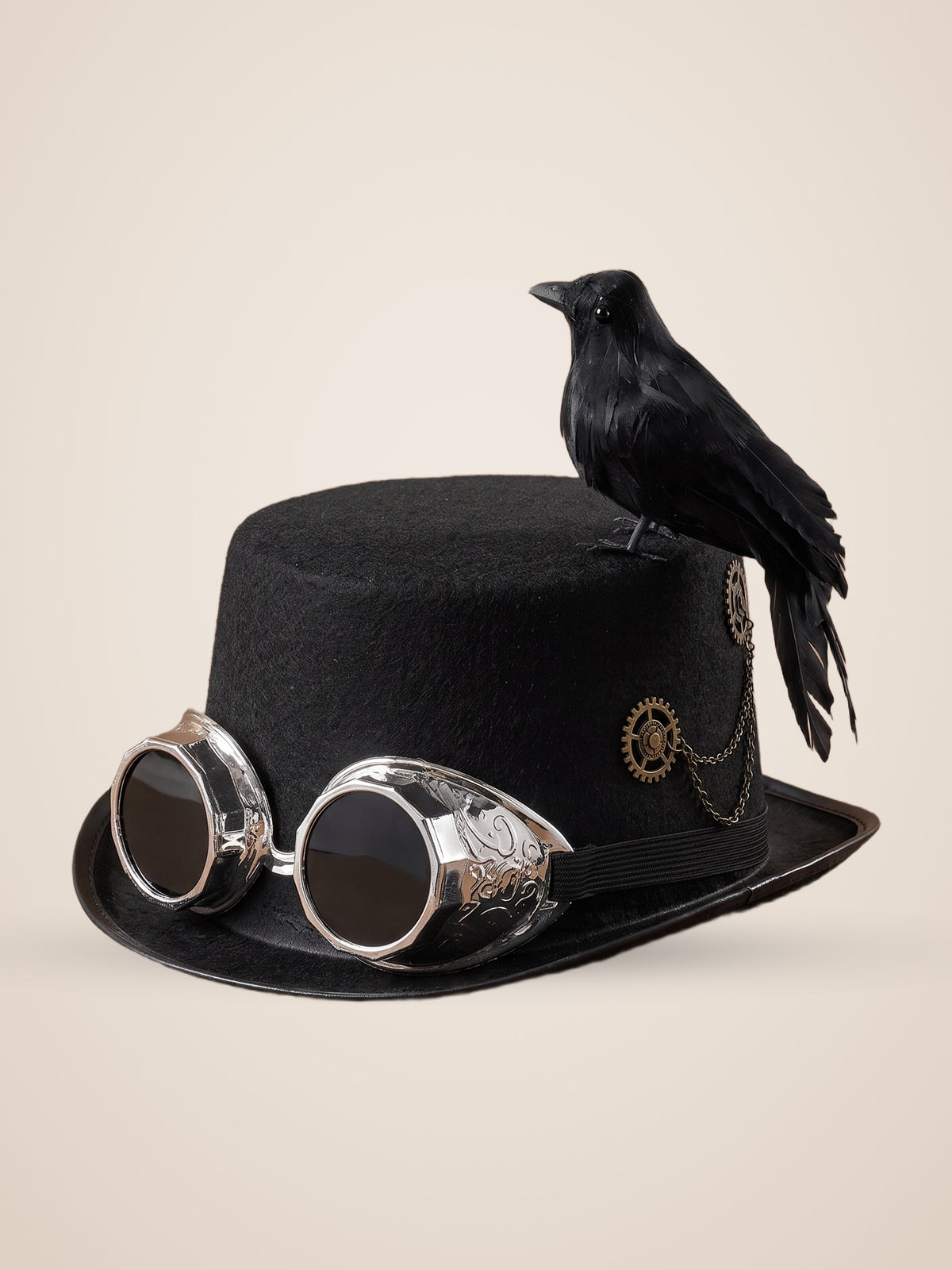 Perched Raven Silver Goggle Top Hat in Black, product photo, three quarter view, front left, seen from above
