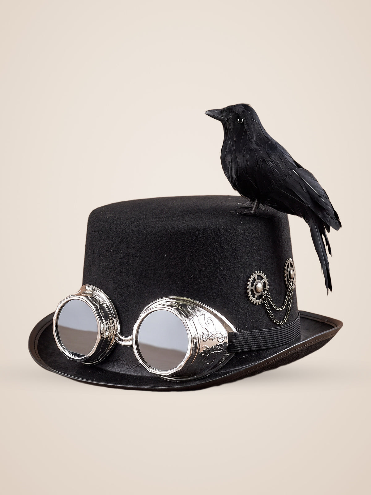Perched Raven Silver Goggle Top Hat in Black, product photo, front view, front, seen from above, picture 8