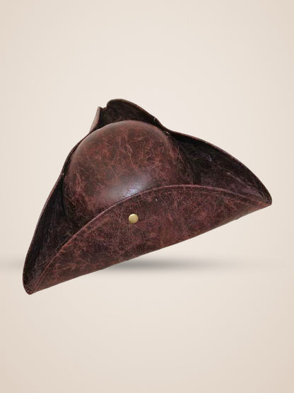 Brass Riveted Tricorn Pirate Hat in Brown, product photo, three quarter view, right side
