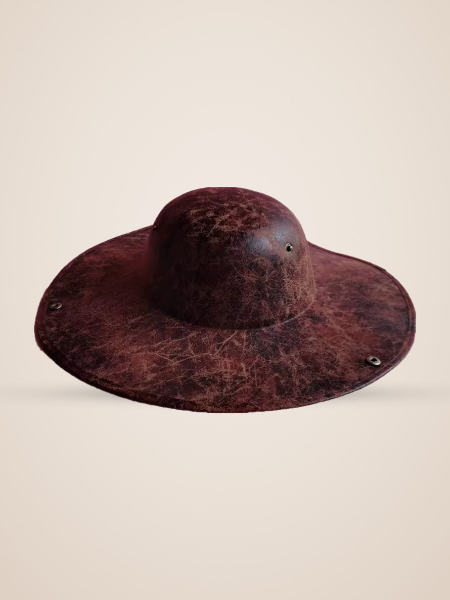 Brass Riveted Tricorn Pirate Hat in Brown, product photo, front view, front, seen from above