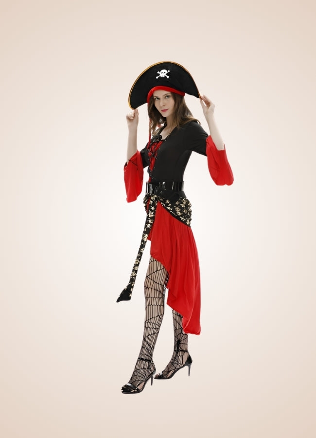 Steampunk Pirate Long Sleeve Dress Black Red / One Size steampunk-pirate-long-sleeve-dress-black-red