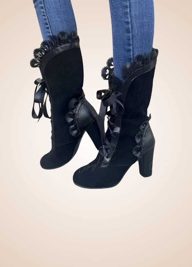 Steampunk Ribbon Heels Boots Black / 12.5 steampunk-ribbon-heels-boots-black