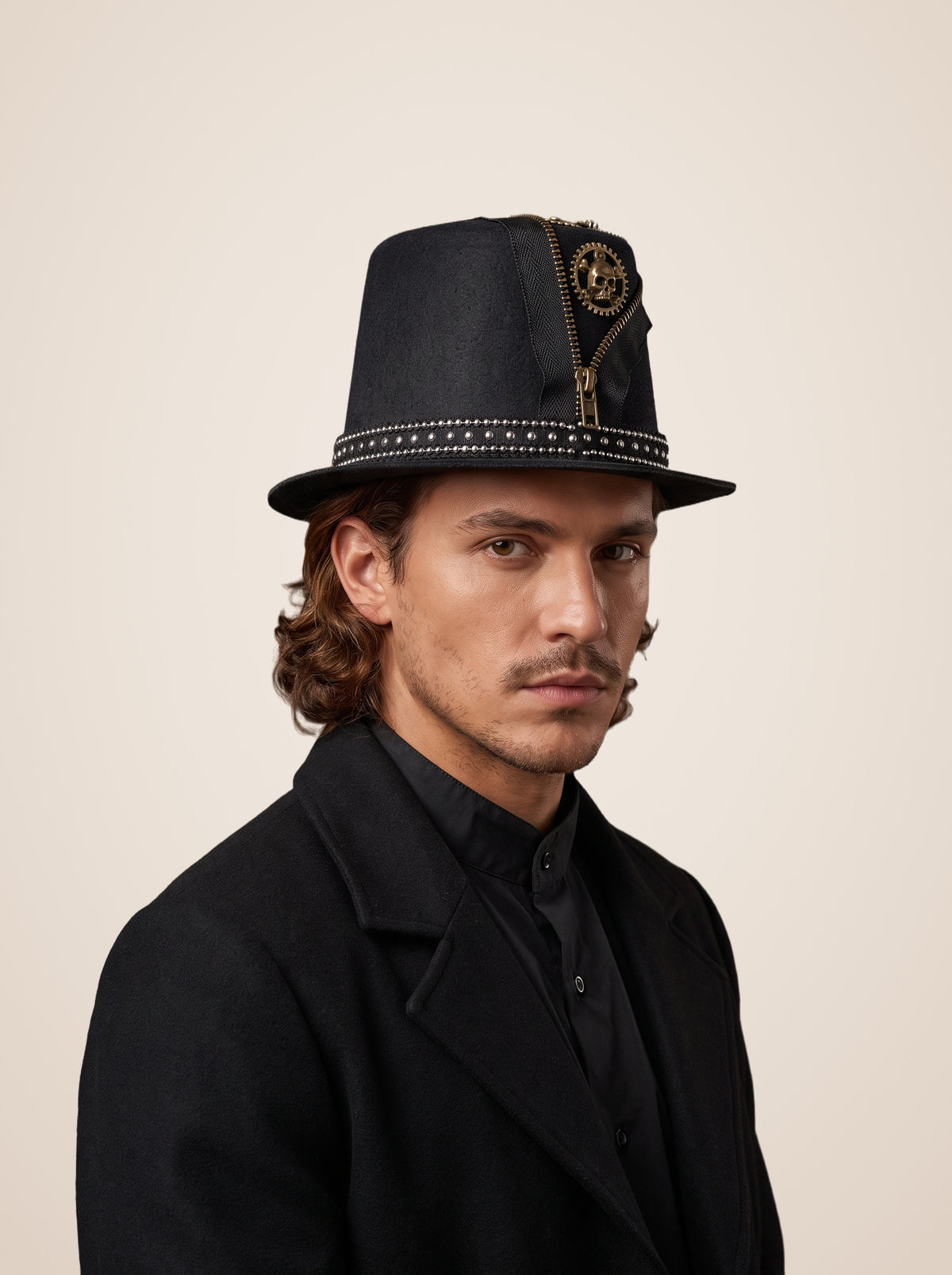Zippered Skull Gear Studded Top Hat in Black, worn by a model