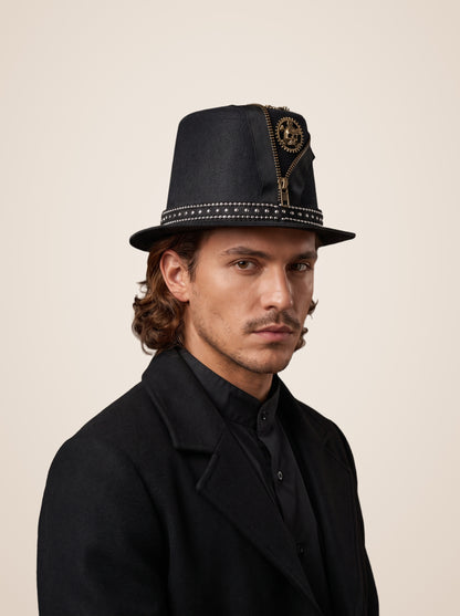 Zippered Skull Gear Studded Top Hat in Black, worn by a model