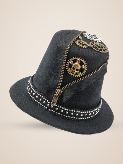 Zippered Skull Gear Studded Top Hat in Black, product photo, three quarter view, front left