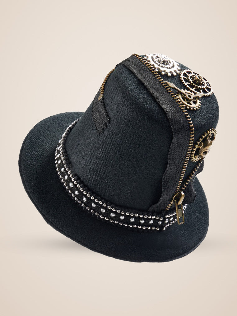 Zippered Skull Gear Studded Top Hat in Black, product photo, three quarter view, back left