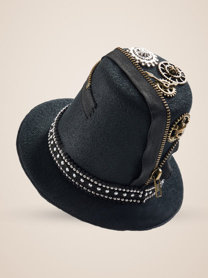 Zippered Skull Gear Studded Top Hat in Black, product photo, three quarter view, back left