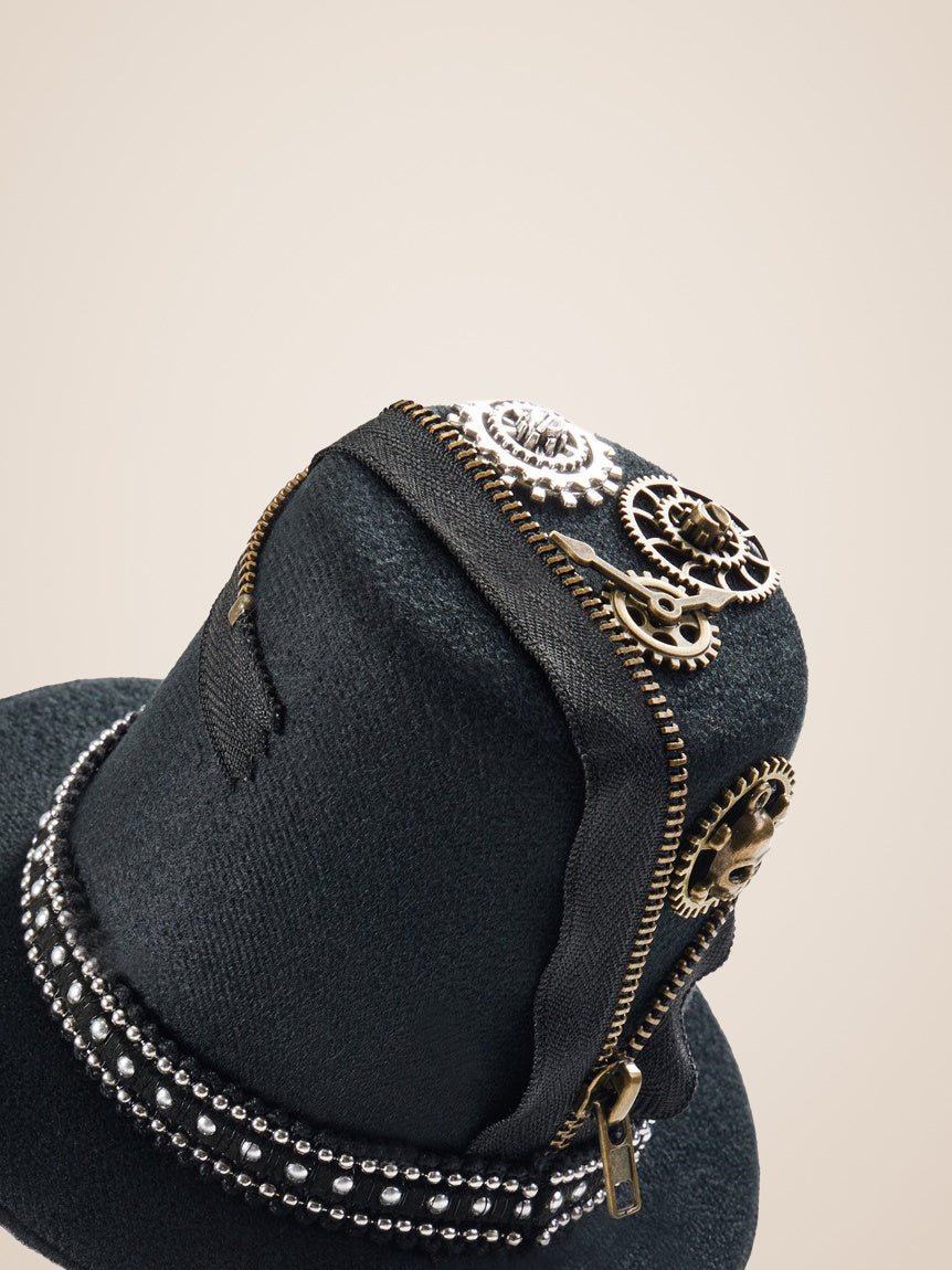 Zippered Skull Gear Studded Top Hat in Black, close up detail, front left