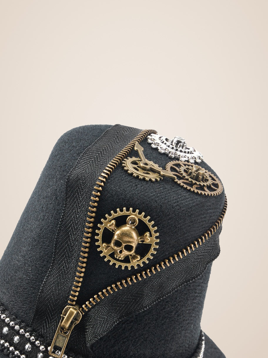 Zippered Skull Gear Studded Top Hat in Black, close up detail, left side