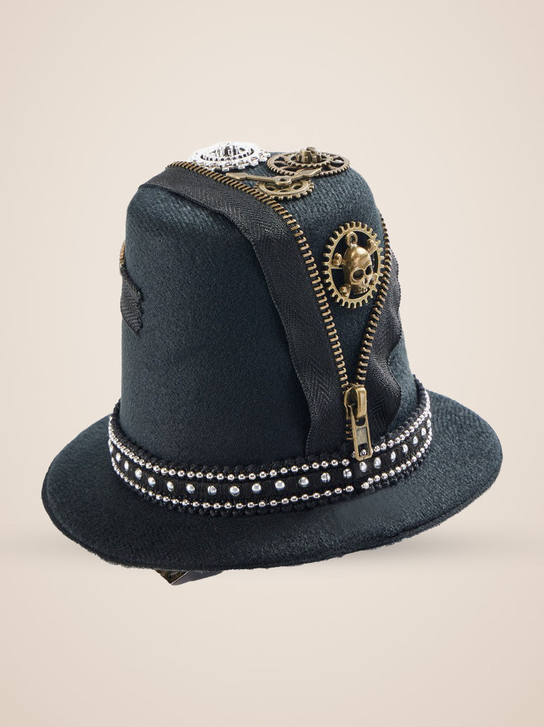 Zippered Skull Gear Studded Top Hat in Black, product photo, back view