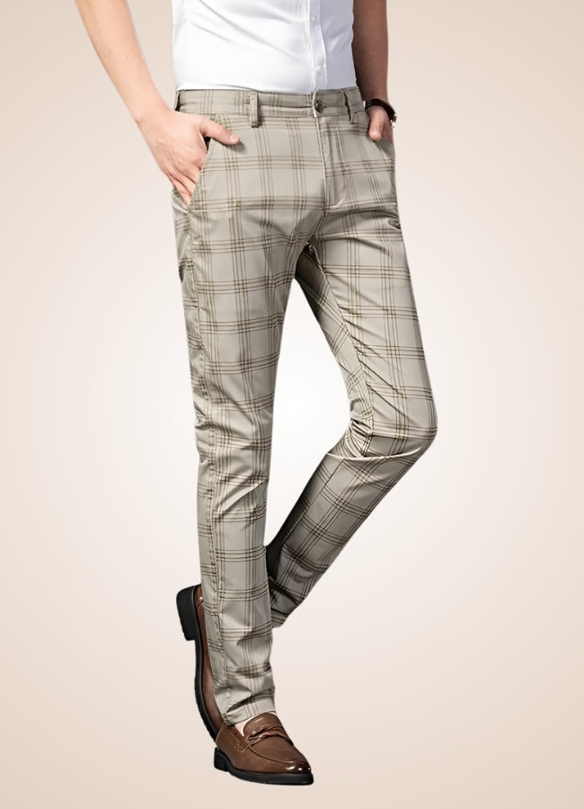 Steampunk Stripe Plaid Trousers Light Khaki / 40.0 steampunk-stripe-plaid-trousers-light-khaki