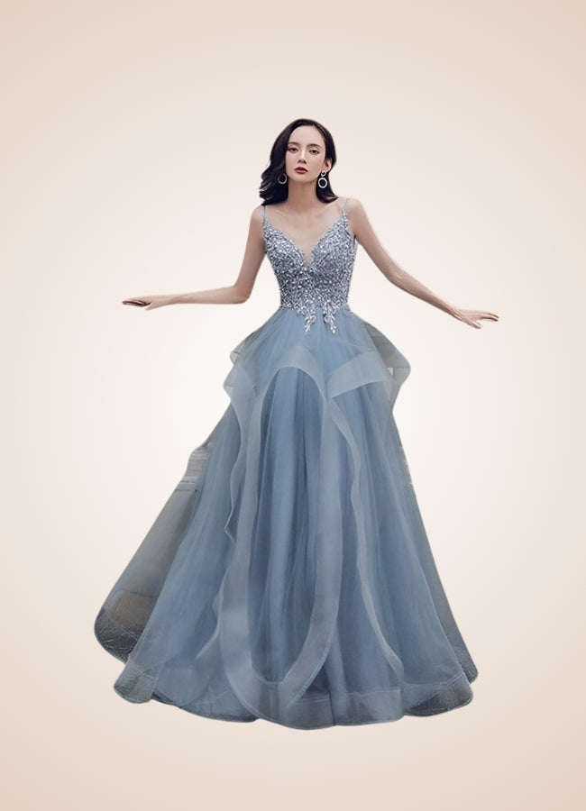 Steampunk V Neck Wedding Dress, Gray Bue / M